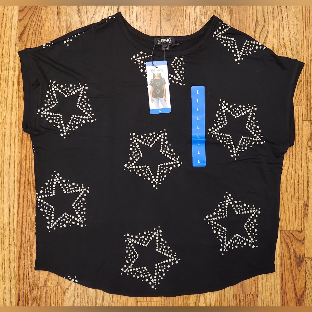 New Large Buffalo Womens' Black/Stars French Terry Short Sleeve Top